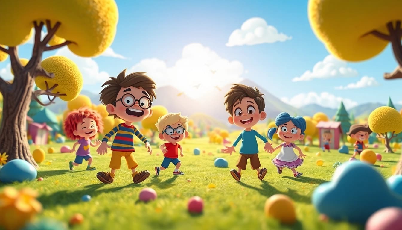Erstellen von 2D Animationen in einer lebhaften, cartoonartigen Umgebung mit bunten Charakteren.