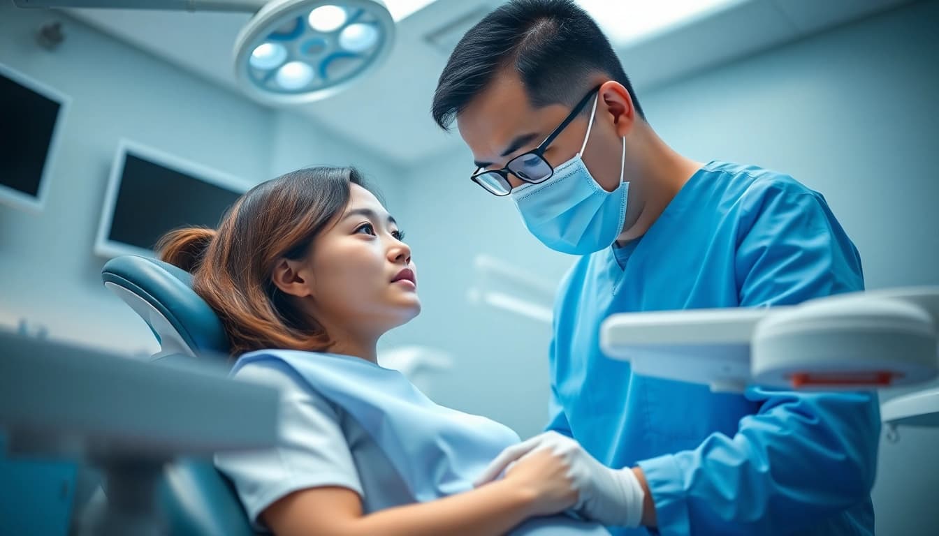 dental implant dentist in Cheras performing a procedure in a modern dental clinic, showcasing expertise and high-tech equipment
