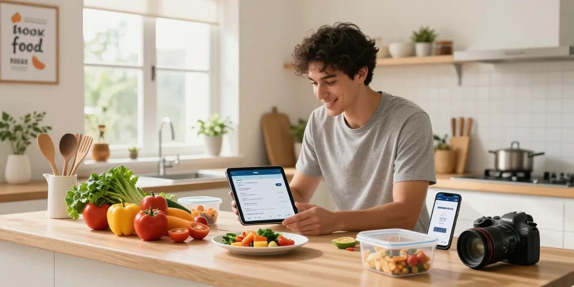 Health enthusiast logging meals with the best calorie tracking apps in a bright kitchen.