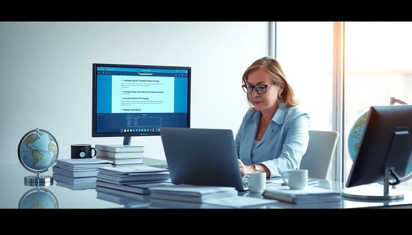Traducteur assermenté en ligne professionnel travaillant à un bureau moderne avec des outils de traduction et des documents officiels.