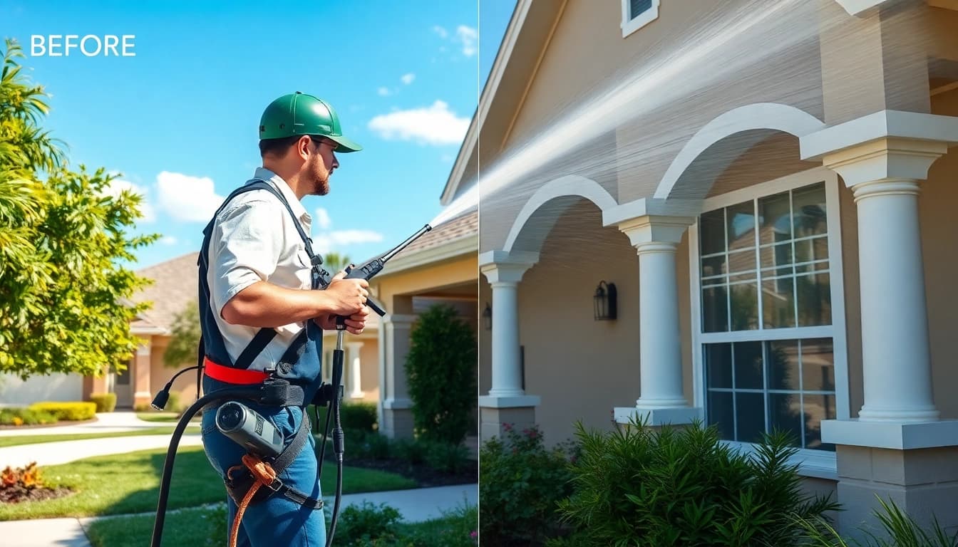 Soft wash expert applying biodegradable cleaning agents to a residential home in Kissimmee.