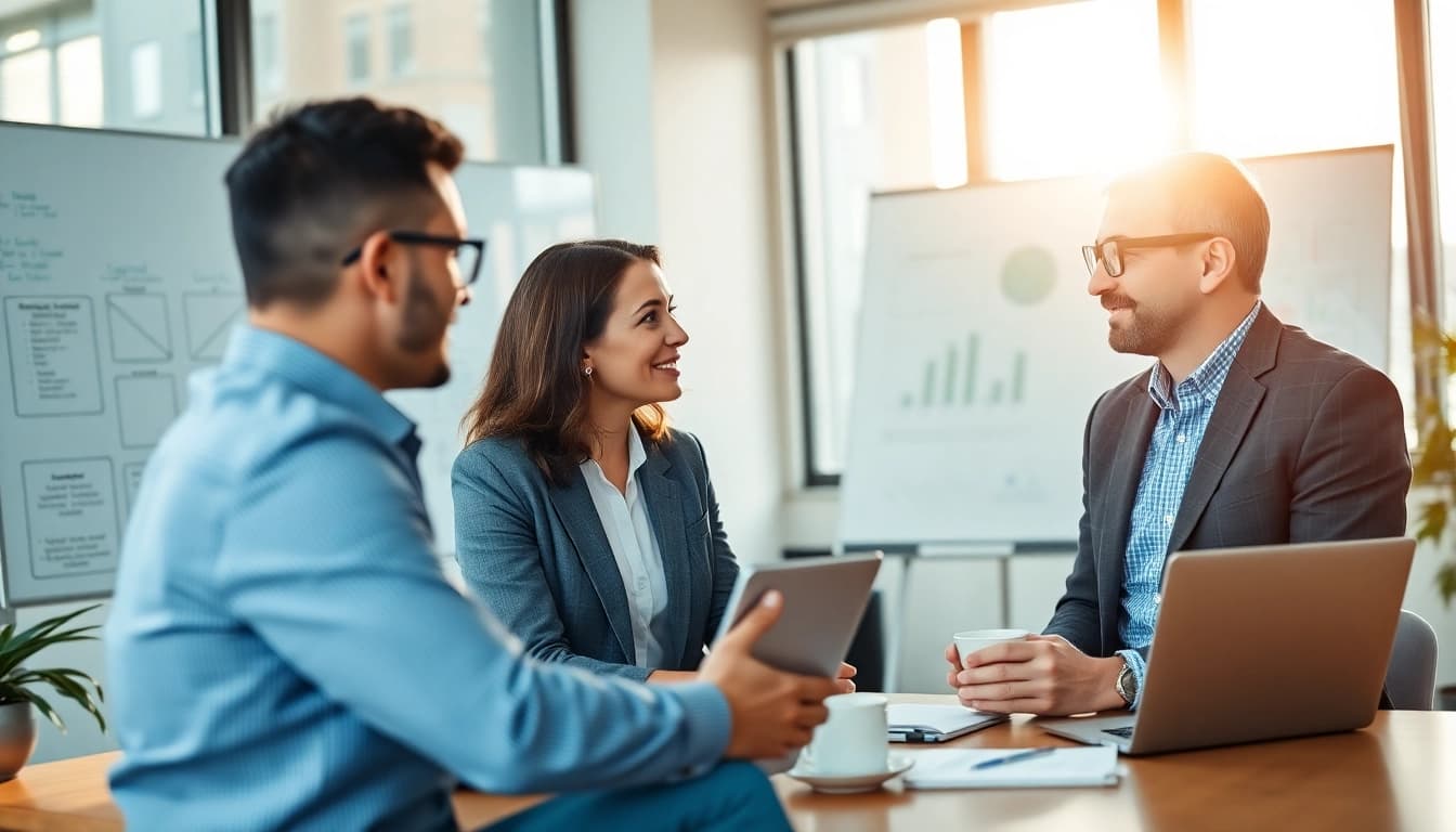 Engage in a business coaching service conversation showcasing collaboration and productivity.