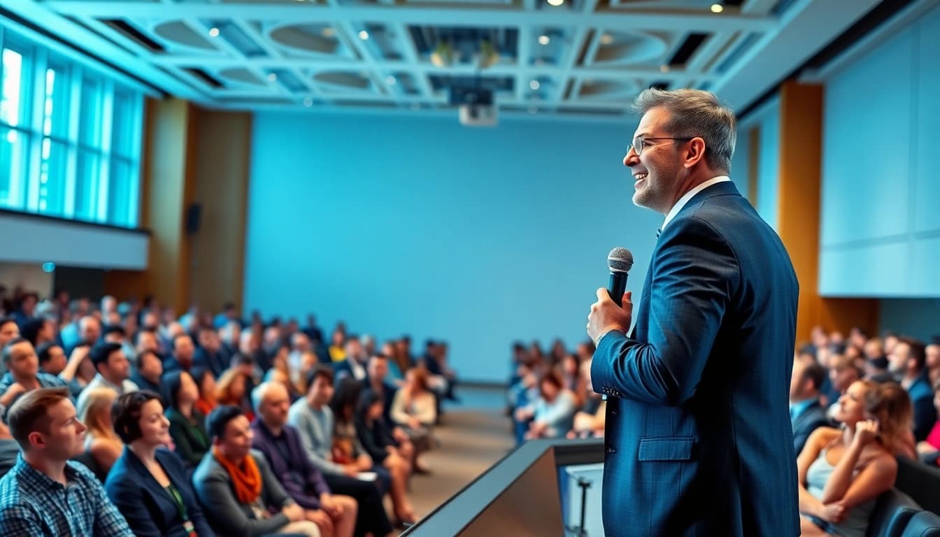 Keynote Speaker captivating an audience with engaging presentation in a bright conference hall.