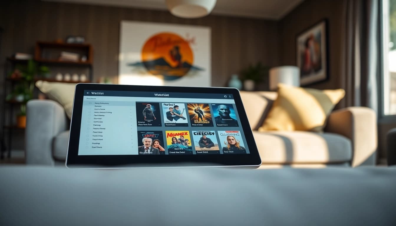 View of my watchlist (google watchlist) on a tablet displayed in a modern living room setting.