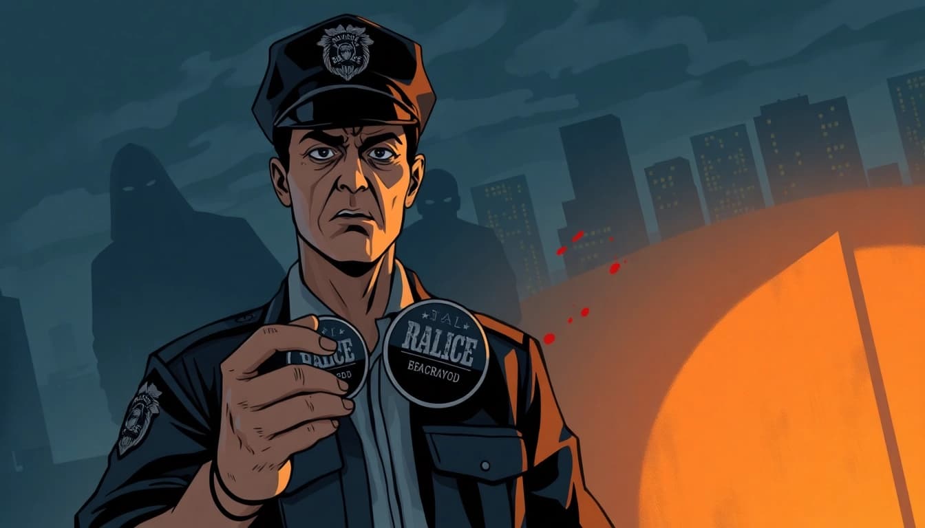 Police officer holding the Rancid Badges symbolizes betrayal and urgency in a crime scene.