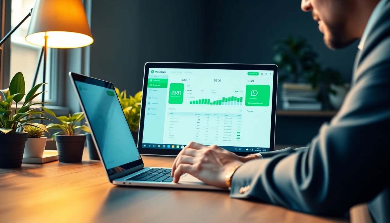 Showcasing WhatsApp Smart CRM software in an engaging business environment with vibrant aesthetics.