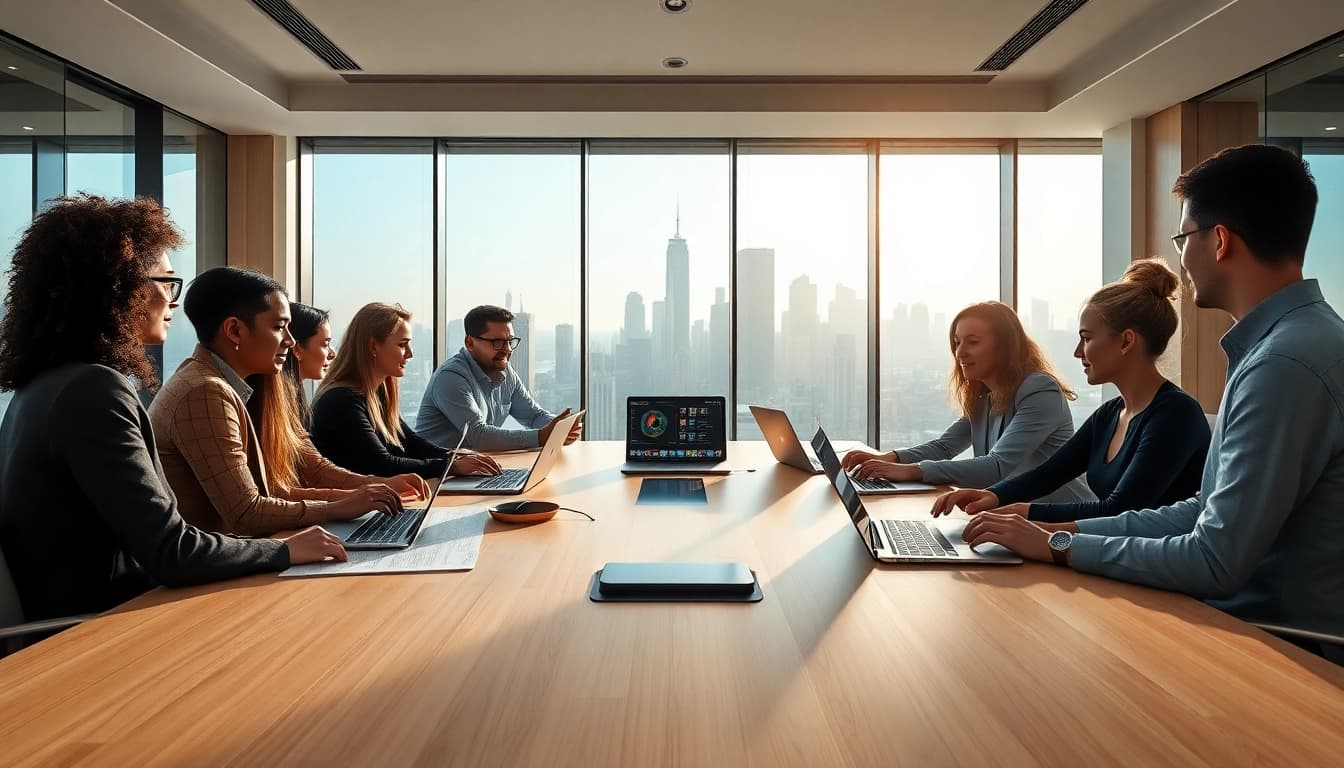 Team collaborating using an enterprise assistant platform in a modern workspace.