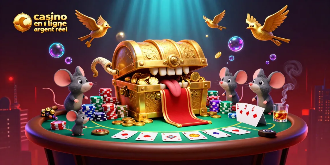 Une illustration 3D représentant un casino en ligne argent réel avec un coffre au trésor et des éléments de jeu captivants.