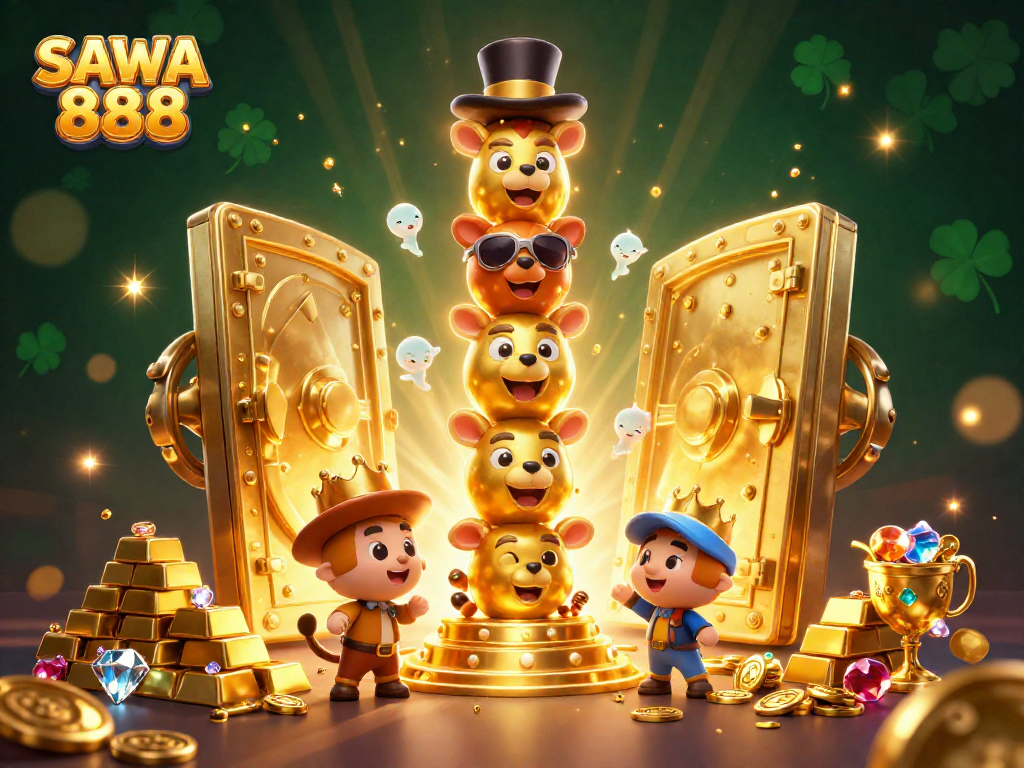 Engage with SAWA 888's thrilling games featuring treasures, cartoon totem, and casino excitement.