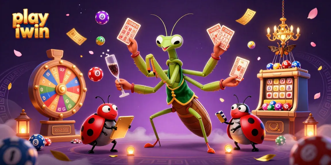 Play iwin with colorful lottery balls and a vibrant casino scene featuring unique characters.