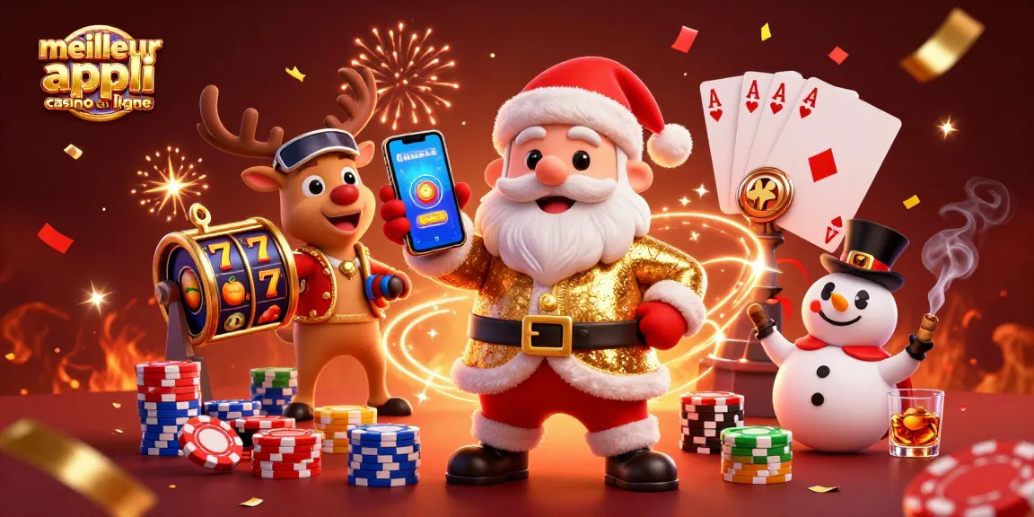 Illustration festive du meilleur appli casino en ligne avec Santa et ses amis autour des machines à sous.