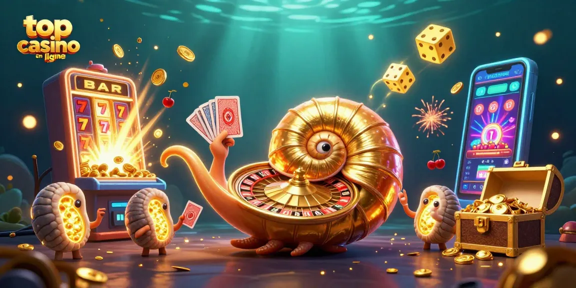 Plongez dans le meilleur casino en ligne avec cette illustration captivante d'un nautilus géant et une machine à sous explosant de pièces.