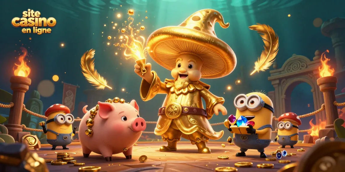 Jouer sur un site casino en ligne avec un sorcier champignon et un cochon au trésor dans une scène animée.