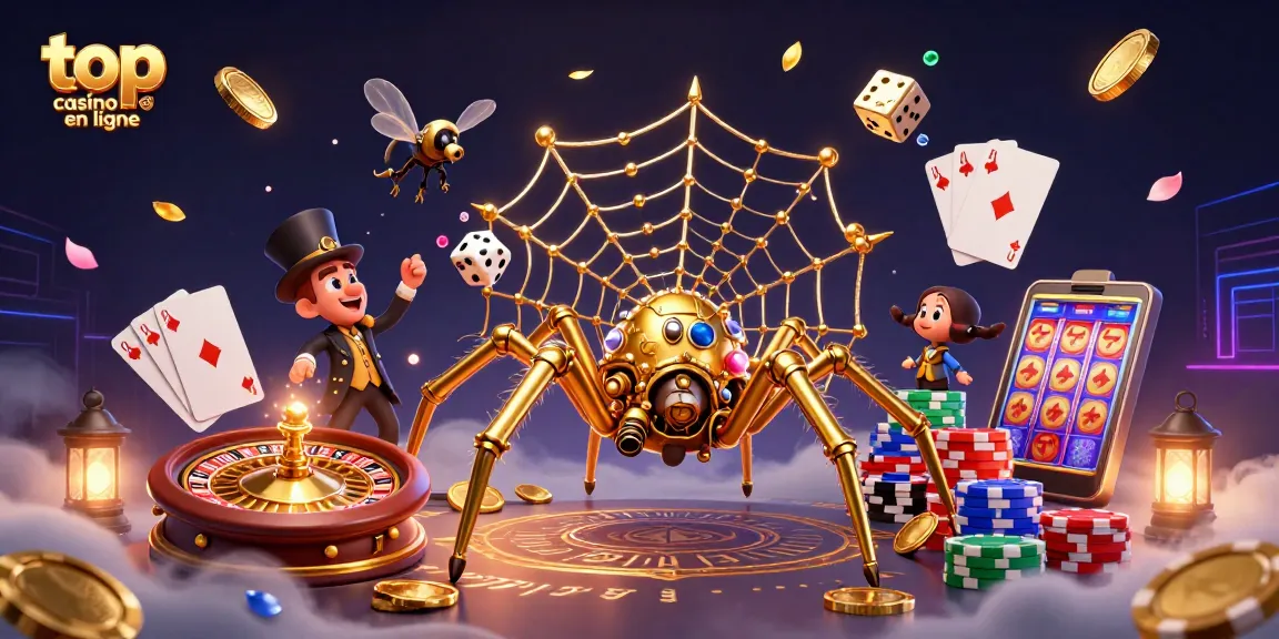 Découvrez le top casino en ligne avec une araignée steampunk au centre d'une scène animée de jeux.