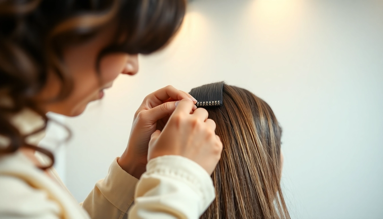 Sew in weft hair extensions being expertly applied by a hairstylist in a modern salon setting.
