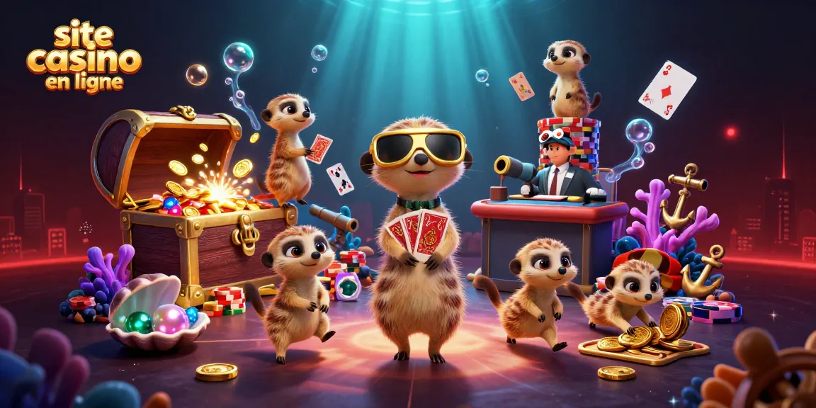 Illustration dynamique d'une colonie de suricates gérant un site casino en ligne avec des personnages et des éléments ludiques.