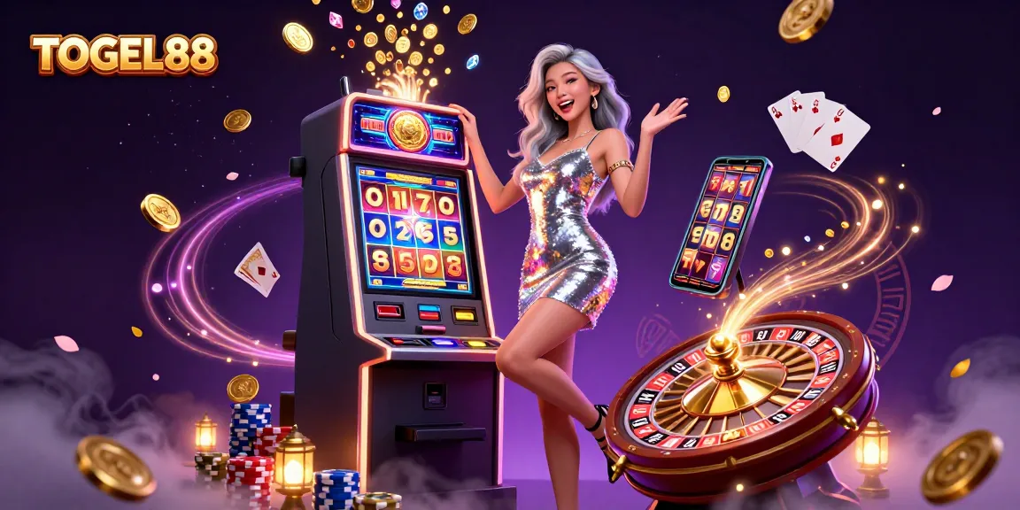 Experience jackpot wins with TOGEL88 in this vibrant slot game digital illustration.