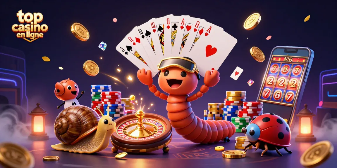 Illustration d'un top casino en ligne avec un croupier millipède, des cartes, et des jetons colorés.