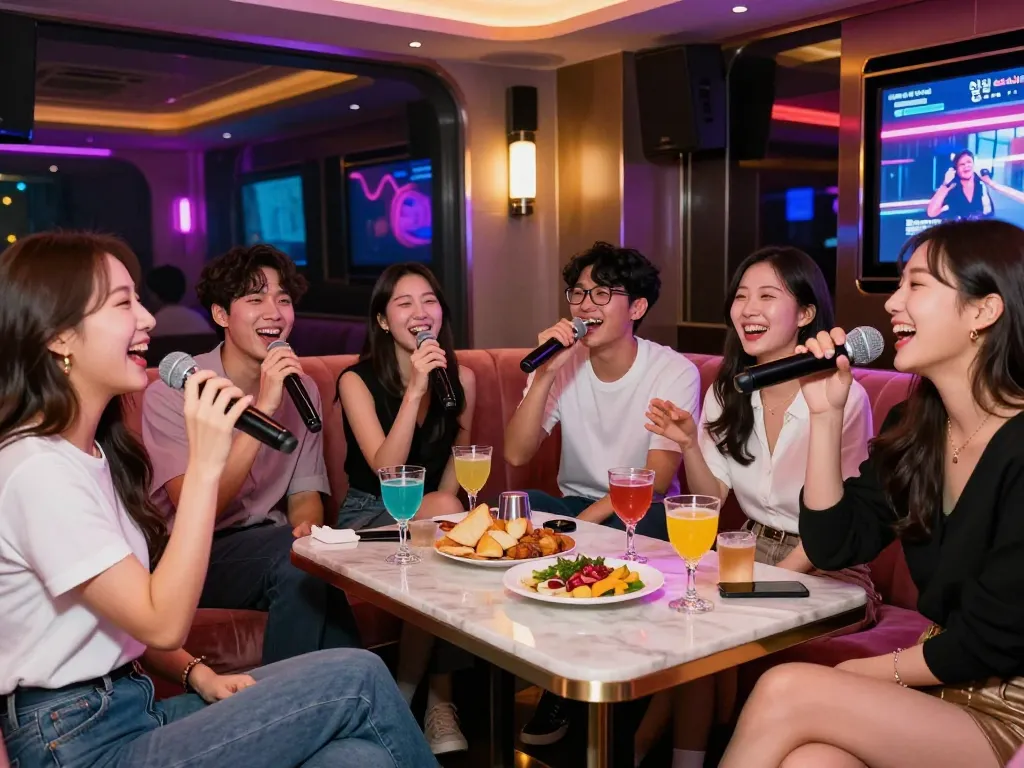 인천쓰리노의 고급 라운지에서 칵테일과 웃음 속에서 노래방을 즐기고 있습니다.