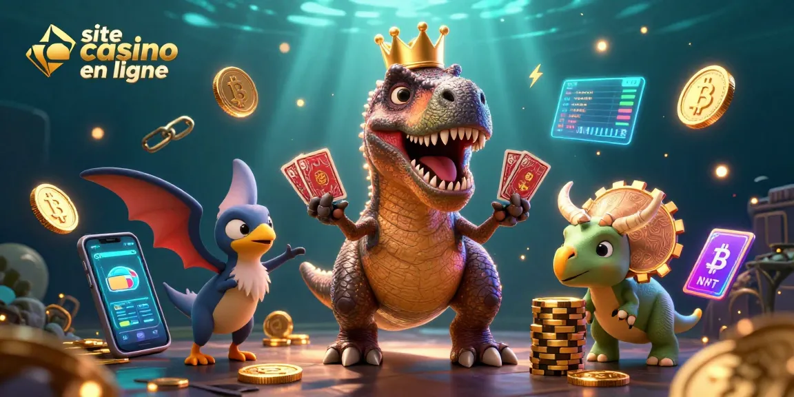 Dévoilez des stratégies sur le site casino en ligne avec un T-Rex jouant aux cartes.