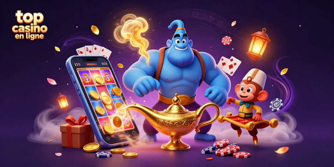 Jouer aux jeux de casino avec le meilleur top casino en ligne et un génie magique dans une illustration fantastique.