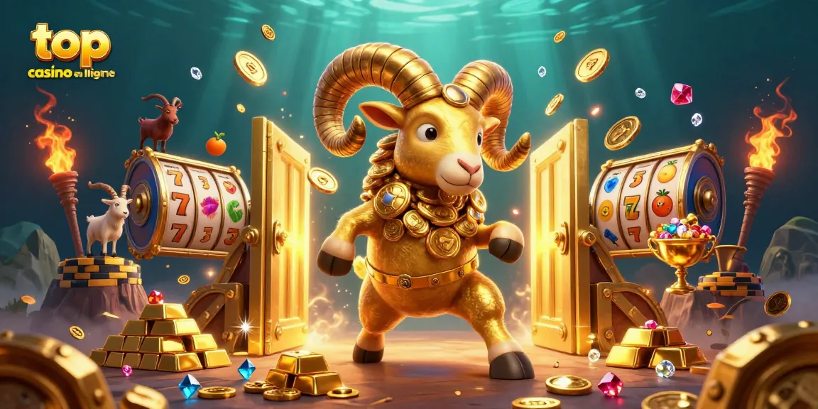 Découvrez le top casino en ligne avec un bélier doré en or chargé vers une porte précieuse, entouré de joyaux scintillants.