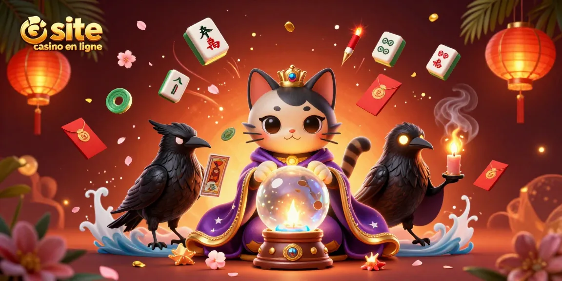 Illustration colorée représentant un site casino en ligne avec des éléments mystiques et des jeux de hasard.