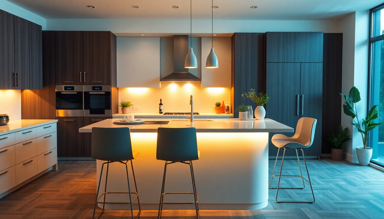 Bright island lighting accentuates a modern kitchen's elegance and warmth.