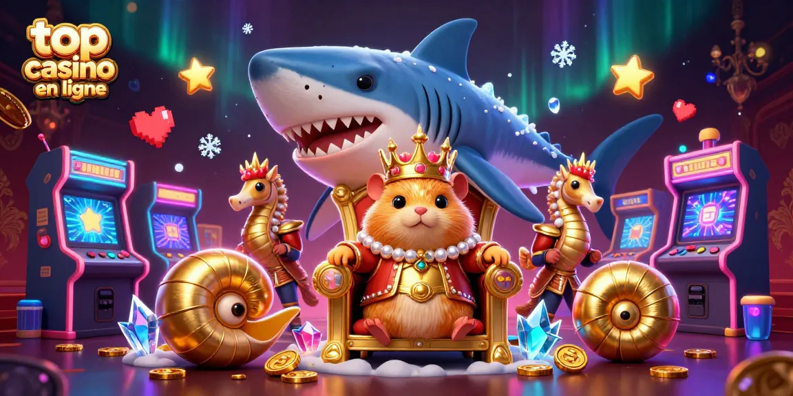 Plongée dans le top casino en ligne avec un roi hamster doré sur un trône de dents de requin, gardes et machines colorées.