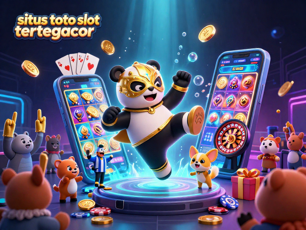 Exciting scene of situs toto slot tergacor showcasing a panda wrestler and chihuahua referee amid colorful slot gaming elements, creating an engaging atmosphere.