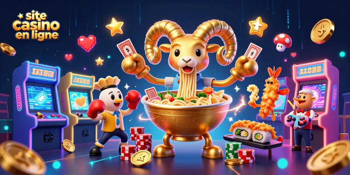 Plongez dans un univers vibrant avec le site casino en ligne, où un ramen géant distribue des cartes et des jetons.