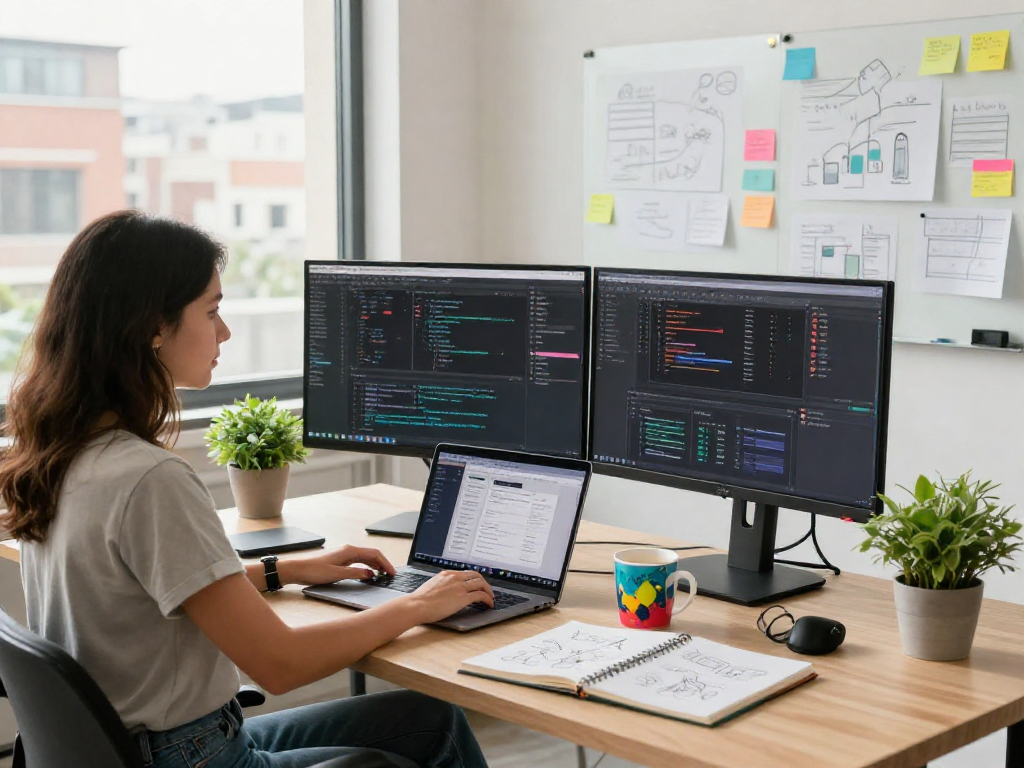 Software engineer working on crushon technology in a vibrant office.