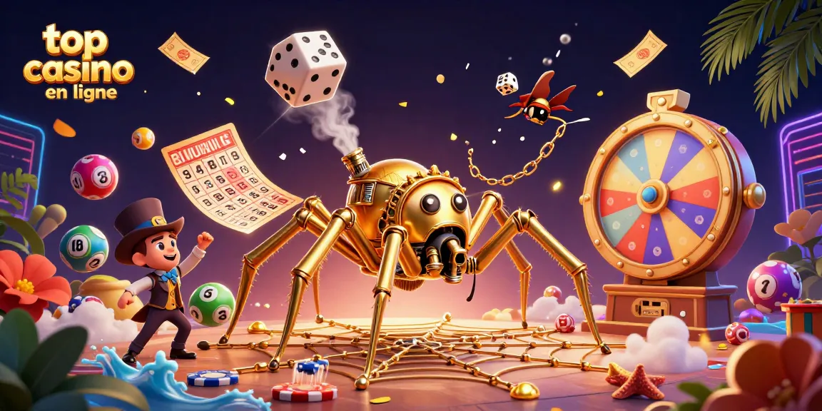 Découvrez l'illustration dynamique du top casino en ligne avec une araignée dorée steampunk et des éléments de loterie.