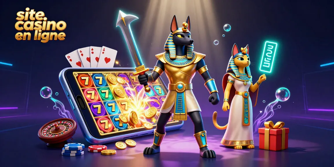 site casino en ligne: découvrez l'illustration dynamique de l'ancien Égyptien Anubis jouant avec les jeux de casino.