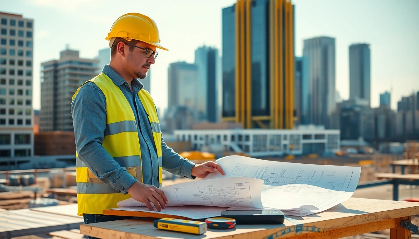New Jersey Construction Manager analyzing blueprints at a construction site surrounded by plans and tools.