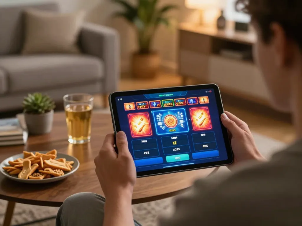 Playing slot bet 200 on a tablet in a cozy home gaming setup with snacks and warm lighting