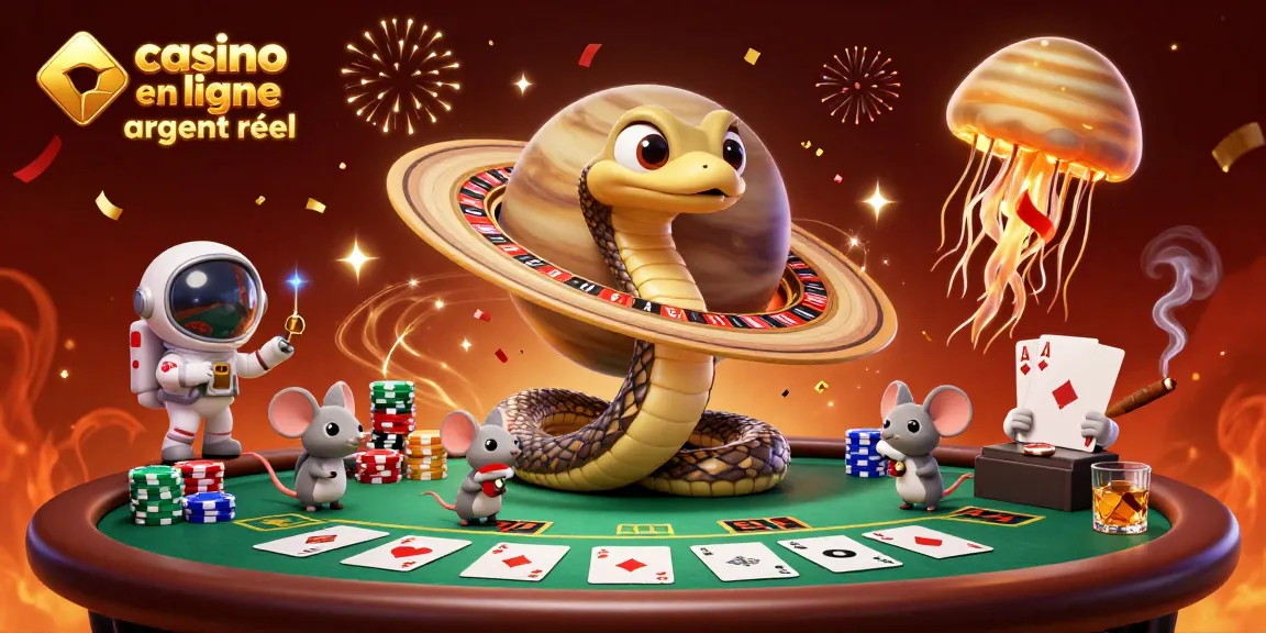 Jouez dans un casino en ligne argent réel avec une illustration animée de personnages interstellaires et d'éléments de poker.