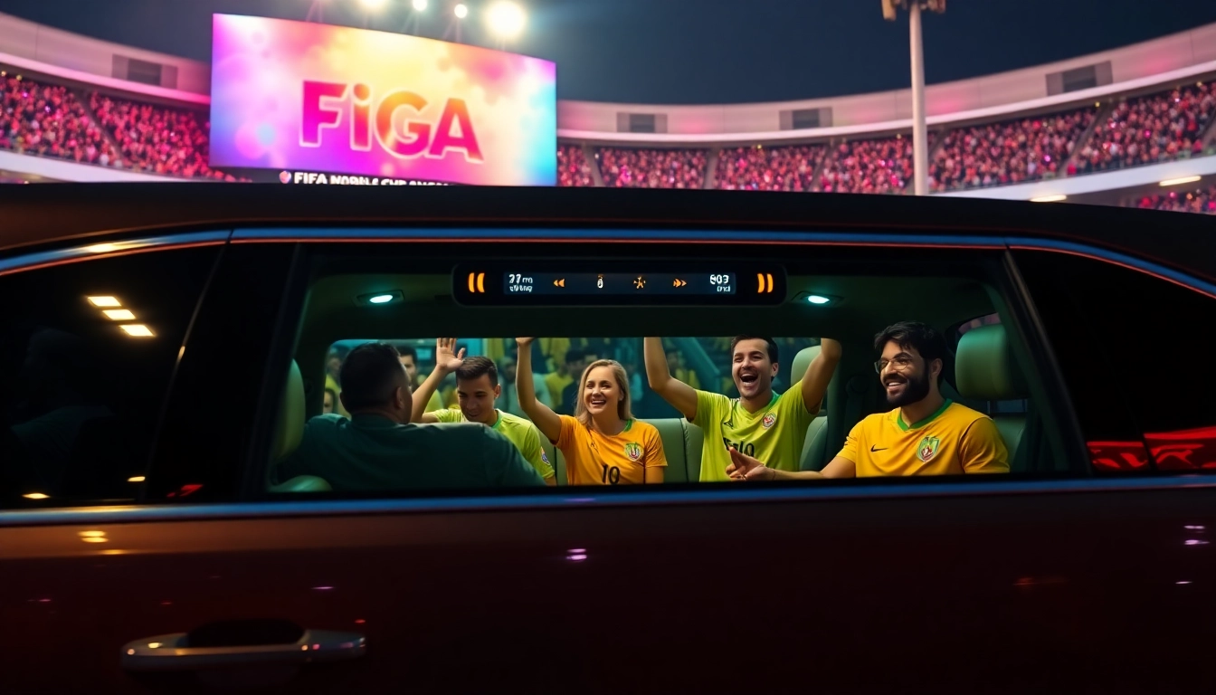 World Cup Group Transportation featuring a luxury limousine welcoming excited fans outside a stadium.
