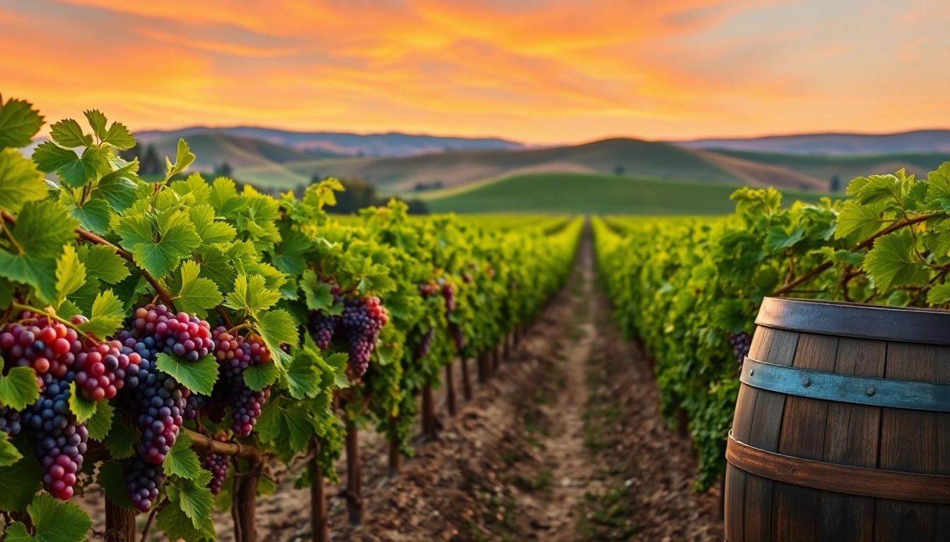 Experience the beauty of Sacramento Wineries with lush vineyards and a stunning sunset backdrop.