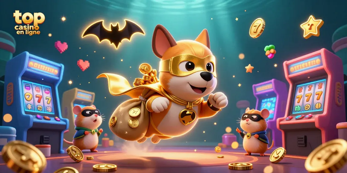 Découvrez le top casino en ligne avec un chien super-héros et un hamster au milieu des machines à sous colorées.