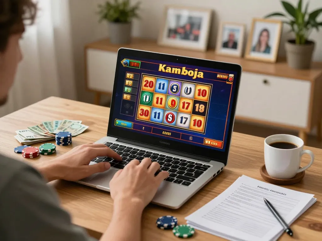 Player wins big playing slot server kamboja on a laptop in a cozy home setting