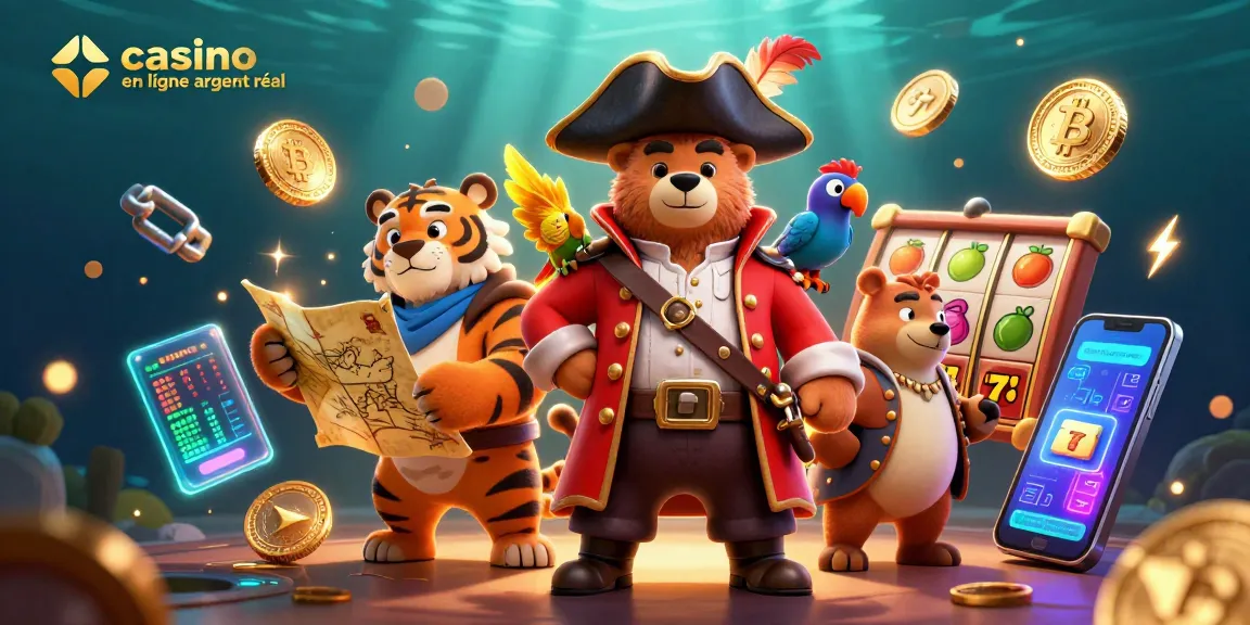 Jouez à des jeux de casino en ligne argent réel avec un ours pirate et un tigre, remplis de pièces sombres et lumineuses.