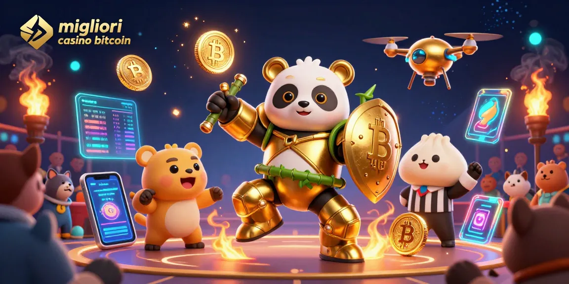 Gioca nei migliori casino bitcoin con emozionanti robot e monete in 3D, immerso in un'illustrazione vibrante.
