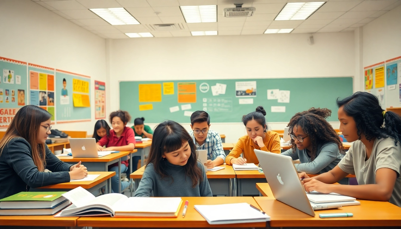 Education classroom showcasing engaged students collaborating on projects in a bright setting.