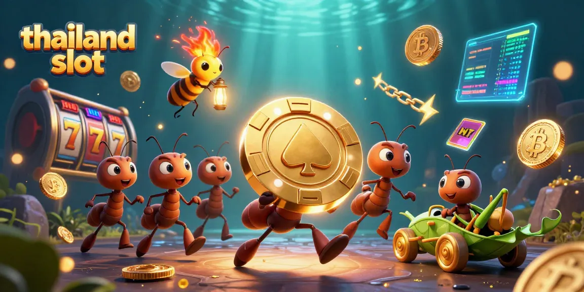 Experience thrilling excitement with thailand slot as cartoon ants carry a golden poker chip through a vibrant casino backdrop.