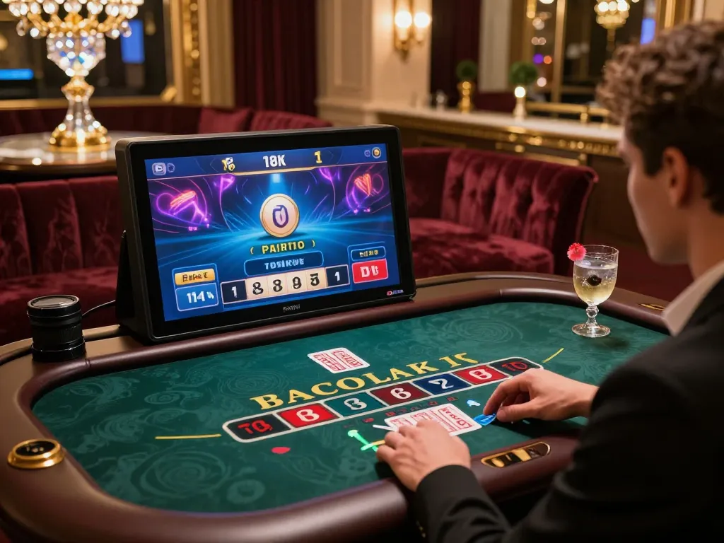 Engage in online baccarat at luxurious virtual casino with high-definition gaming interface and stylish decor.