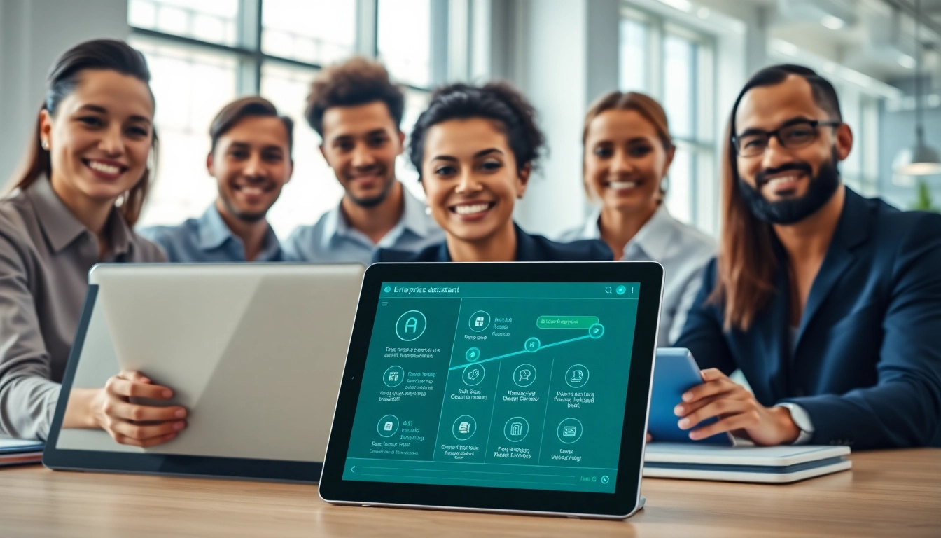 Team interacting with enterprise assistant platform, showcasing productivity in a modern office.
