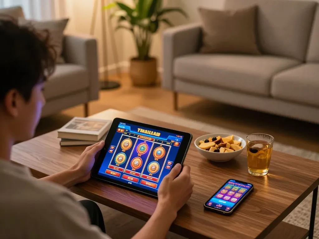 Engaged player using tablet for server thailand slot games in comfy home setting