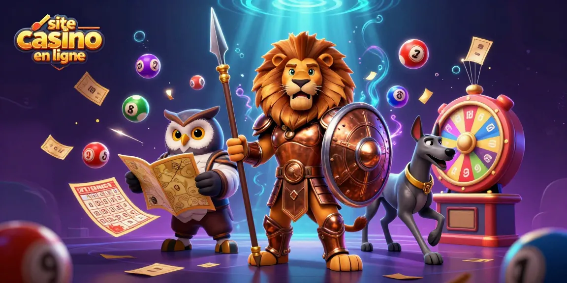 Illustration dynamique pour site casino en ligne avec des personnages de loterie colorés, billets dorés et effets lumineux.