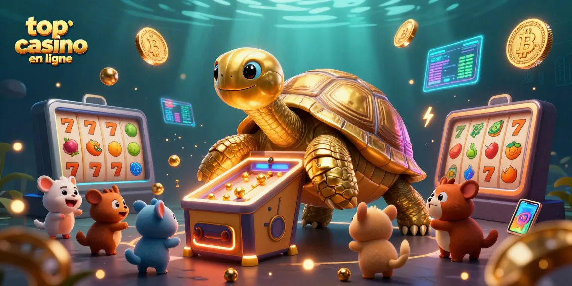 Profitez de l'animation des casinos en ligne avec des tortues et des symboles de jeu lumineux.